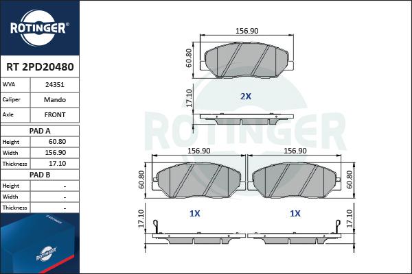 Rotinger RT 2PD20480 - Тормозные колодки, дисковые, комплект autospares.lv