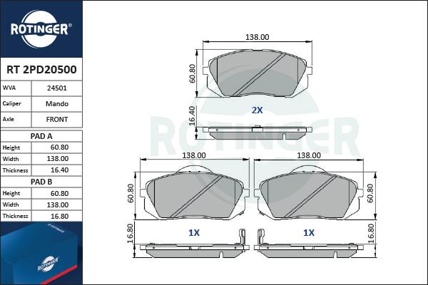 Rotinger RT 2PD20500 - Тормозные колодки, дисковые, комплект autospares.lv