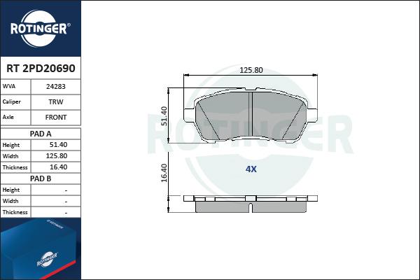 Rotinger RT 2PD20690 - Тормозные колодки, дисковые, комплект autospares.lv