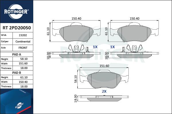 Rotinger RT 2PD20050 - Тормозные колодки, дисковые, комплект autospares.lv