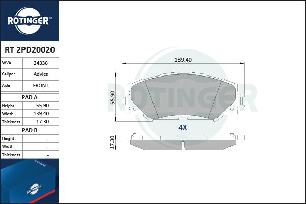 Rotinger RT 2PD20020 - Тормозные колодки, дисковые, комплект autospares.lv