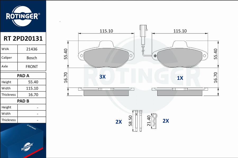 Rotinger RT 2PD20131 - Тормозные колодки, дисковые, комплект autospares.lv