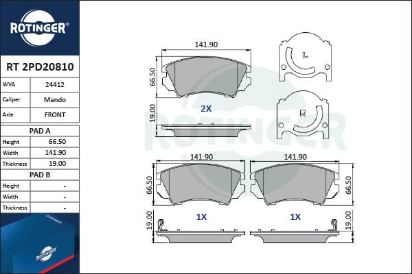 Rotinger RT 2PD20810 - Тормозные колодки, дисковые, комплект autospares.lv