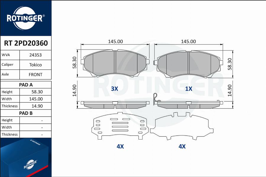 Rotinger RT 2PD20360 - Тормозные колодки, дисковые, комплект autospares.lv