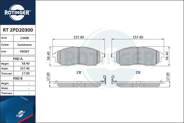 Rotinger RT 2PD20300 - Тормозные колодки, дисковые, комплект autospares.lv