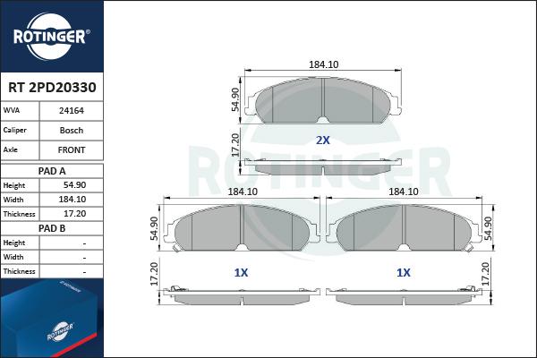 Rotinger RT 2PD20330 - Тормозные колодки, дисковые, комплект autospares.lv