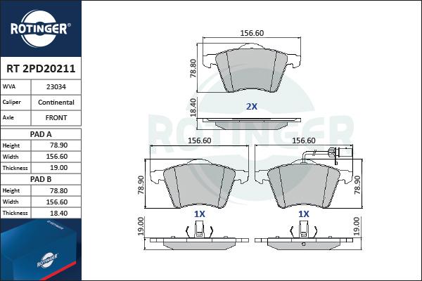 Rotinger RT 2PD20211 - Тормозные колодки, дисковые, комплект autospares.lv