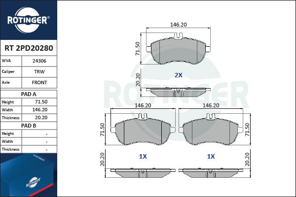 Rotinger RT 2PD20280 - Тормозные колодки, дисковые, комплект autospares.lv