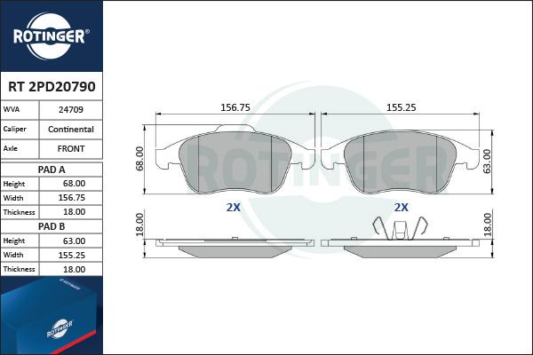 Rotinger RT 2PD20790 - Тормозные колодки, дисковые, комплект autospares.lv