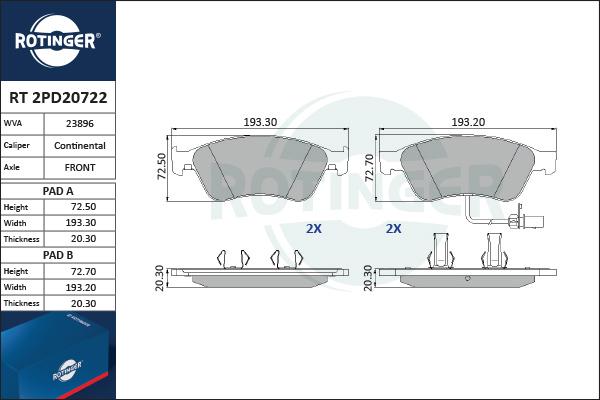 Rotinger RT 2PD20722 - Тормозные колодки, дисковые, комплект autospares.lv