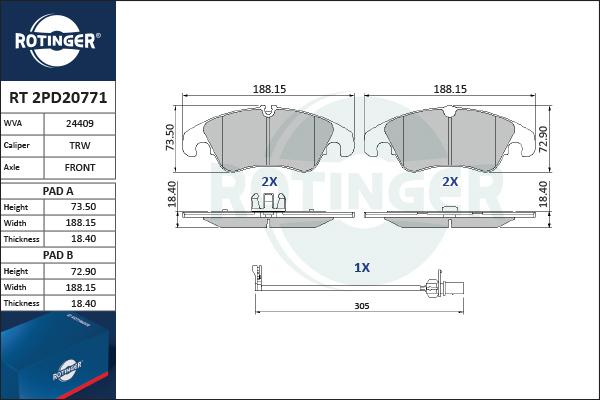 Rotinger RT 2PD20771 - Тормозные колодки, дисковые, комплект autospares.lv