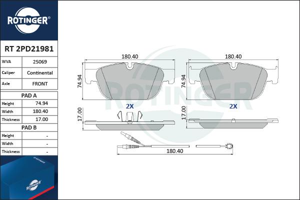 Rotinger RT 2PD21981 - Тормозные колодки, дисковые, комплект autospares.lv