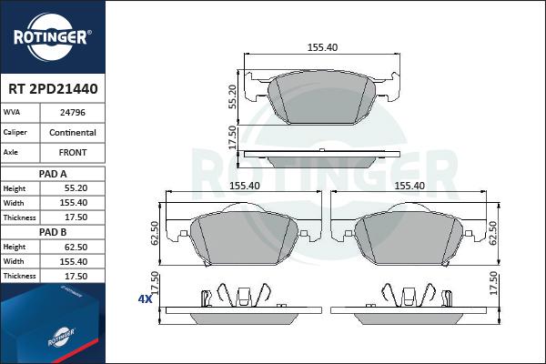 Rotinger RT 2PD21440 - Тормозные колодки, дисковые, комплект autospares.lv