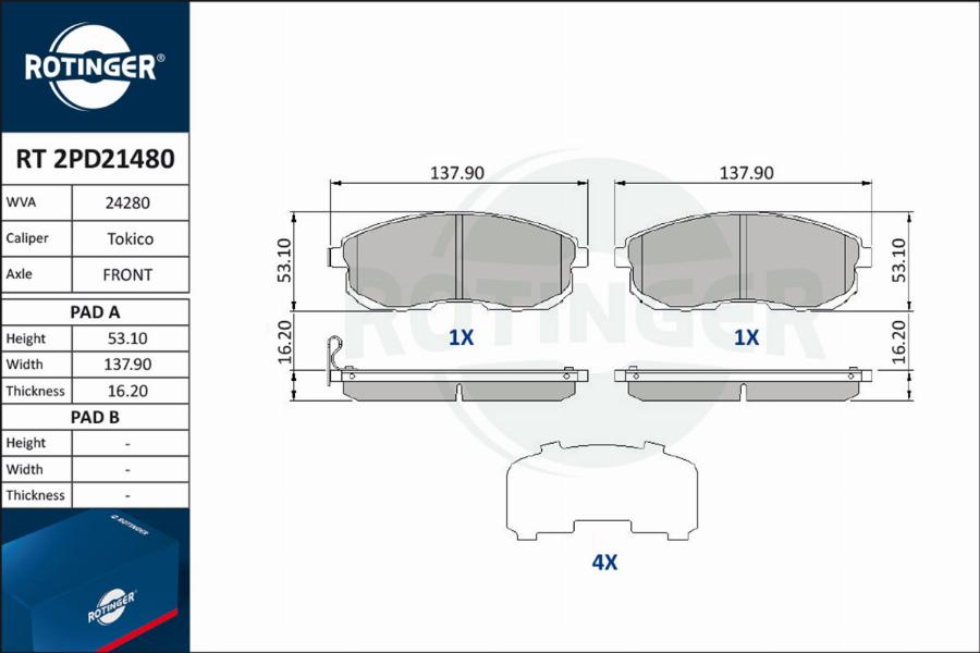 Rotinger RT 2PD21480 - Тормозные колодки, дисковые, комплект autospares.lv