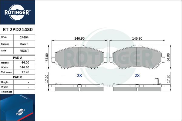 Rotinger RT 2PD21430 - Тормозные колодки, дисковые, комплект autospares.lv
