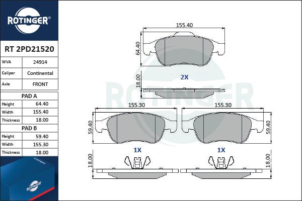 Rotinger RT 2PD21520 - Тормозные колодки, дисковые, комплект autospares.lv