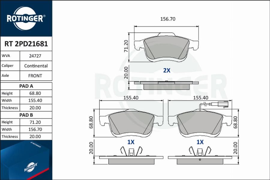 Rotinger RT 2PD21681 - Тормозные колодки, дисковые, комплект autospares.lv