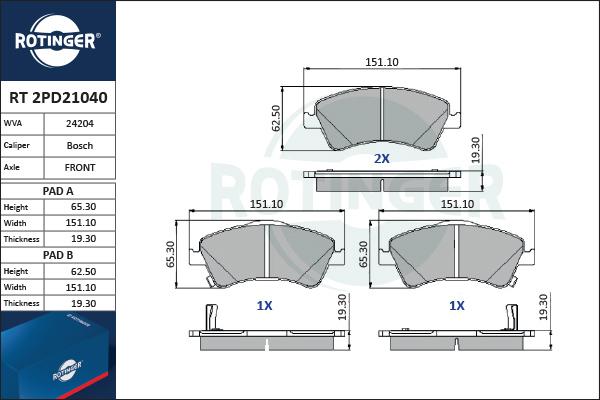 Rotinger RT 2PD21040 - Тормозные колодки, дисковые, комплект autospares.lv