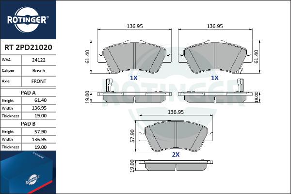 Rotinger RT 2PD21020 - Тормозные колодки, дисковые, комплект autospares.lv