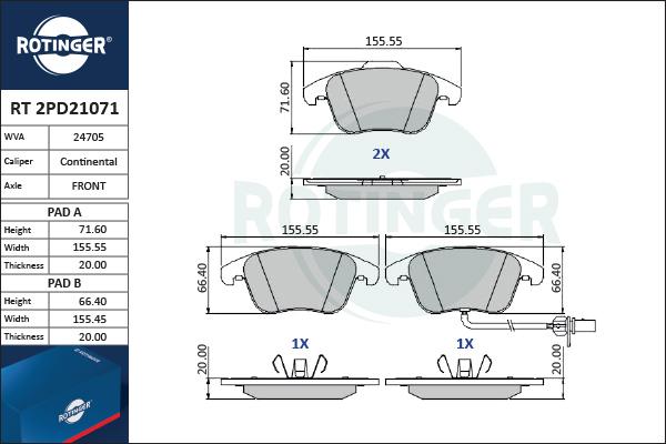 Rotinger RT 2PD21071 - Тормозные колодки, дисковые, комплект autospares.lv