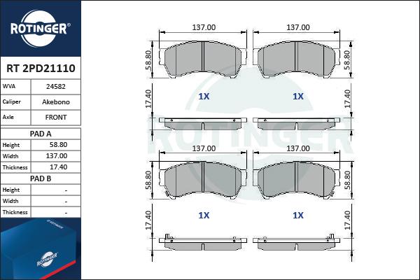 Rotinger RT 2PD21110 - Тормозные колодки, дисковые, комплект autospares.lv