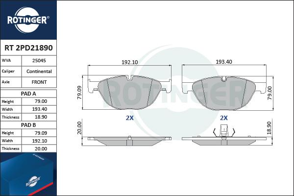 Rotinger RT 2PD21890 - Тормозные колодки, дисковые, комплект autospares.lv