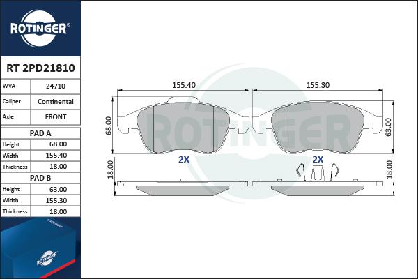 Rotinger RT 2PD21810 - Тормозные колодки, дисковые, комплект autospares.lv