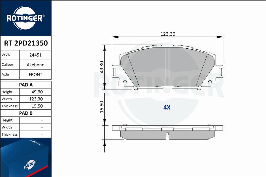 Rotinger RT 2PD21350 - Тормозные колодки, дисковые, комплект autospares.lv