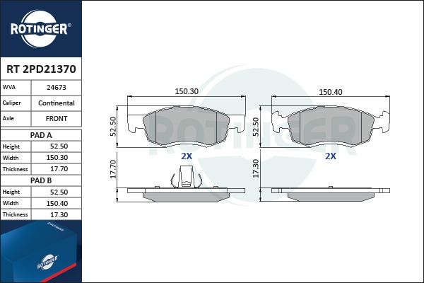 Rotinger RT 2PD21370 - Тормозные колодки, дисковые, комплект autospares.lv