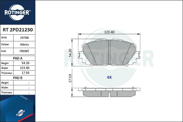 Rotinger RT 2PD21230 - Тормозные колодки, дисковые, комплект autospares.lv