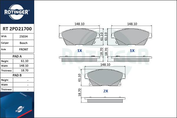 Rotinger RT 2PD21700 - Тормозные колодки, дисковые, комплект autospares.lv