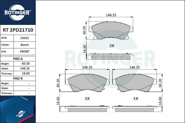 Rotinger RT 2PD21710 - Тормозные колодки, дисковые, комплект autospares.lv