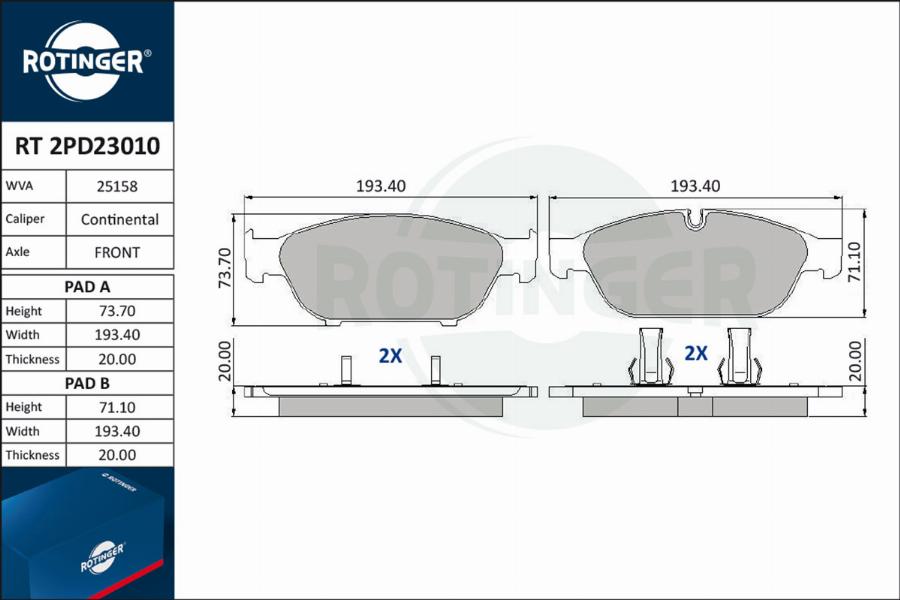 Rotinger RT 2PD23010 - Тормозные колодки, дисковые, комплект autospares.lv