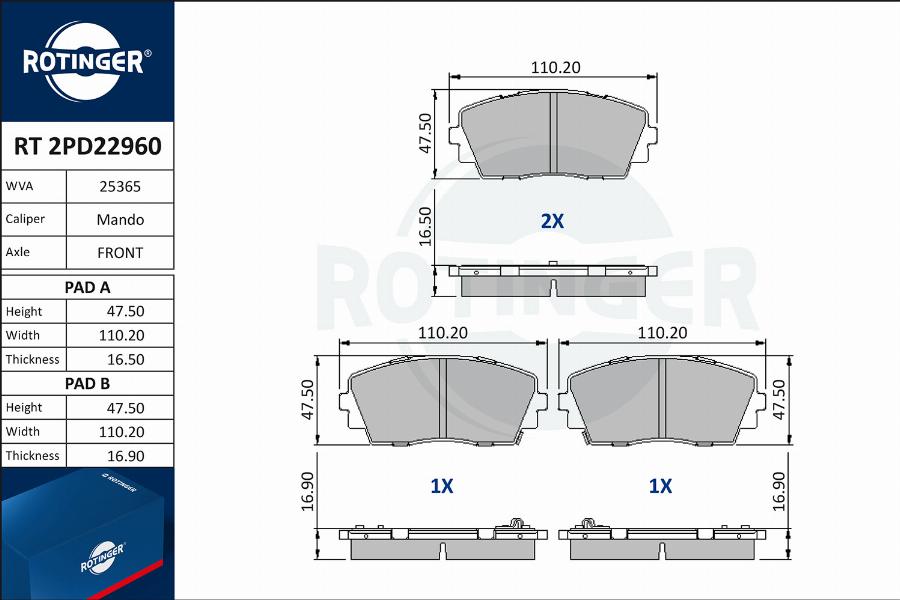 Rotinger RT 2PD22960 - Тормозные колодки, дисковые, комплект autospares.lv