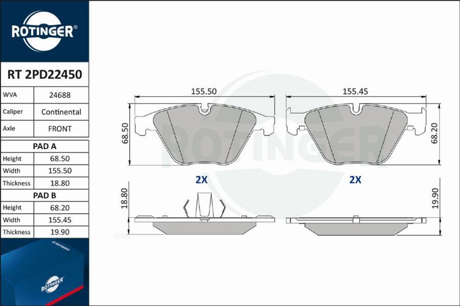 Rotinger RT 2PD22450 - Тормозные колодки, дисковые, комплект autospares.lv