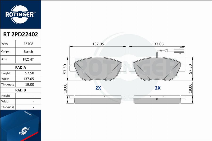 Rotinger RT 2PD22402 - Тормозные колодки, дисковые, комплект autospares.lv