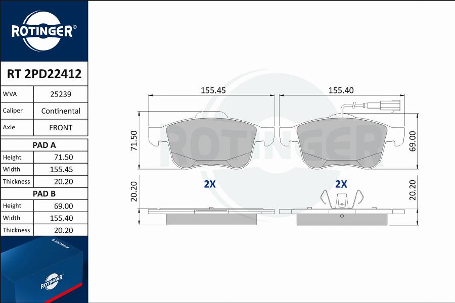 Rotinger RT 2PD22412 - Тормозные колодки, дисковые, комплект autospares.lv