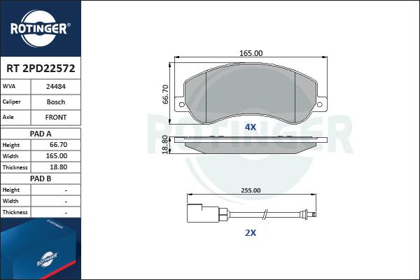Rotinger RT 2PD22572 - Тормозные колодки, дисковые, комплект autospares.lv