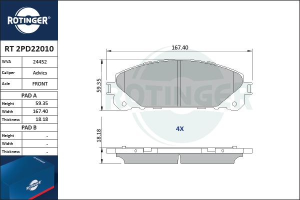 Rotinger RT 2PD22010 - Тормозные колодки, дисковые, комплект autospares.lv