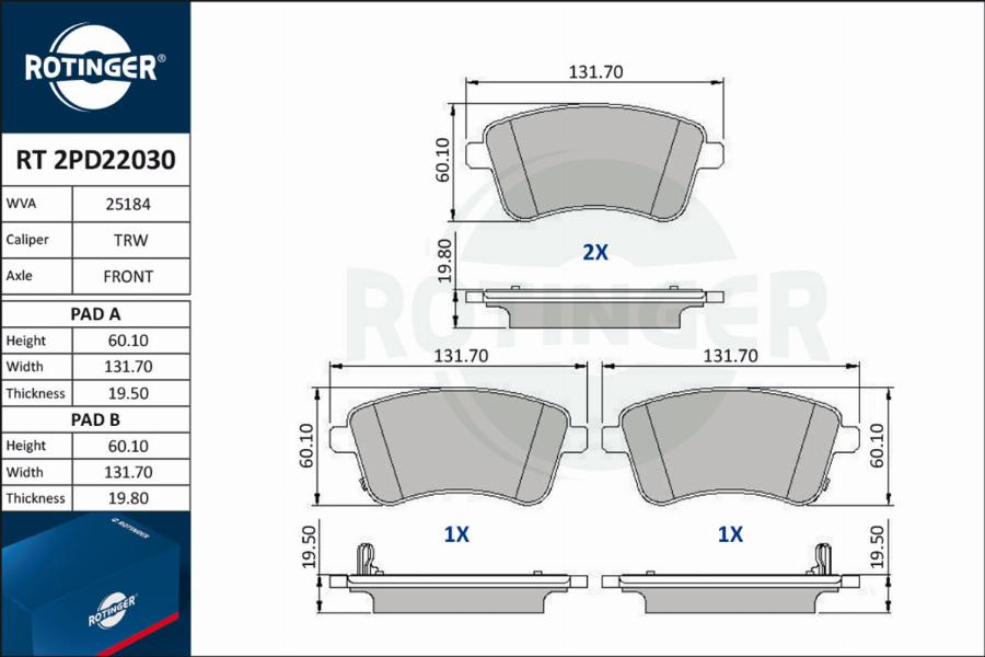 Rotinger RT 2PD22030 - Тормозные колодки, дисковые, комплект autospares.lv