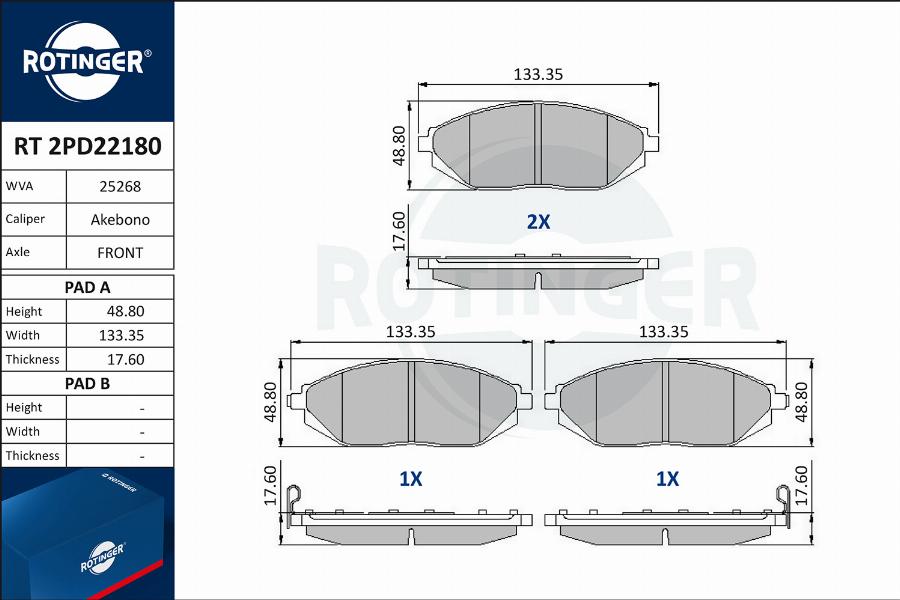 Rotinger RT 2PD22180 - Тормозные колодки, дисковые, комплект autospares.lv