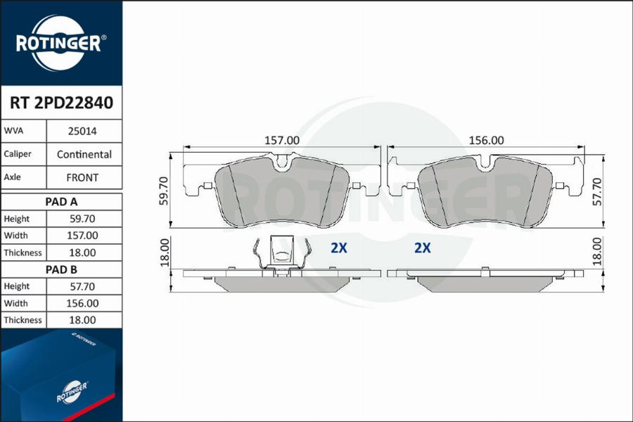 Rotinger RT 2PD22840 - Тормозные колодки, дисковые, комплект autospares.lv