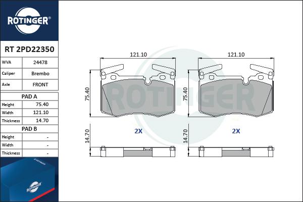 Rotinger RT 2PD22350 - Тормозные колодки, дисковые, комплект autospares.lv