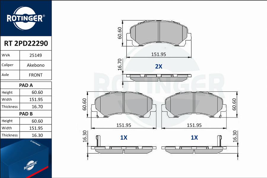 Rotinger RT 2PD22290 - Тормозные колодки, дисковые, комплект autospares.lv