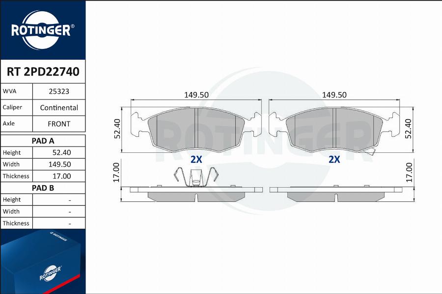 Rotinger RT 2PD22740 - Тормозные колодки, дисковые, комплект autospares.lv