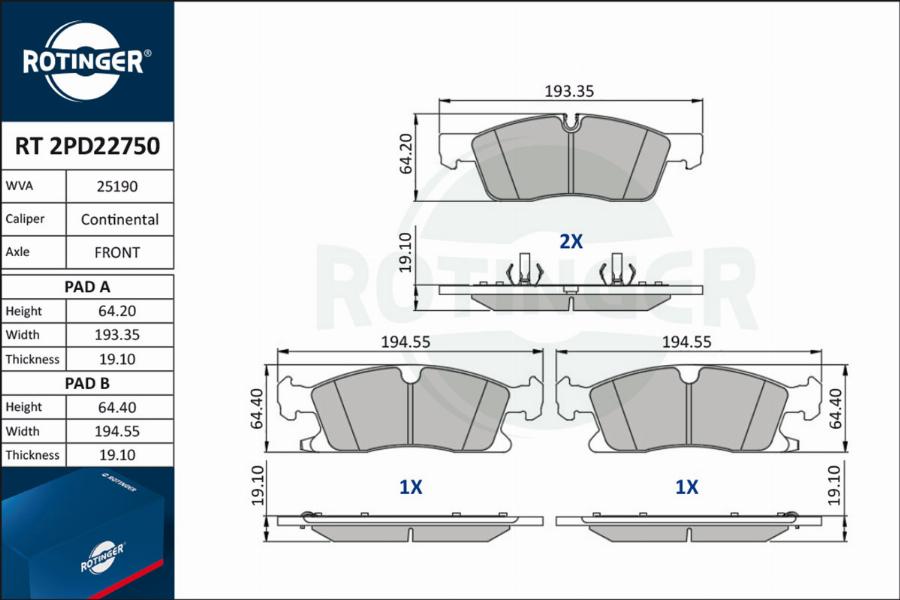 Rotinger RT 2PD22750 - Тормозные колодки, дисковые, комплект autospares.lv