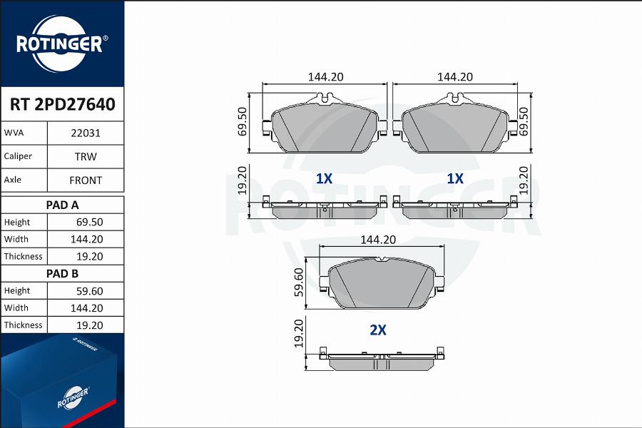 Rotinger RT 2PD27640 - Тормозные колодки, дисковые, комплект autospares.lv