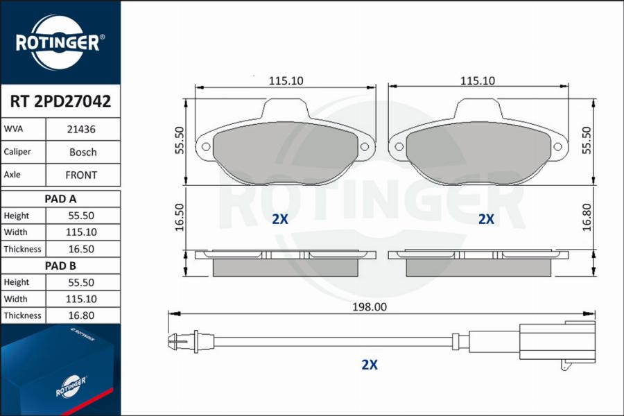 Rotinger RT 2PD27042 - Тормозные колодки, дисковые, комплект autospares.lv