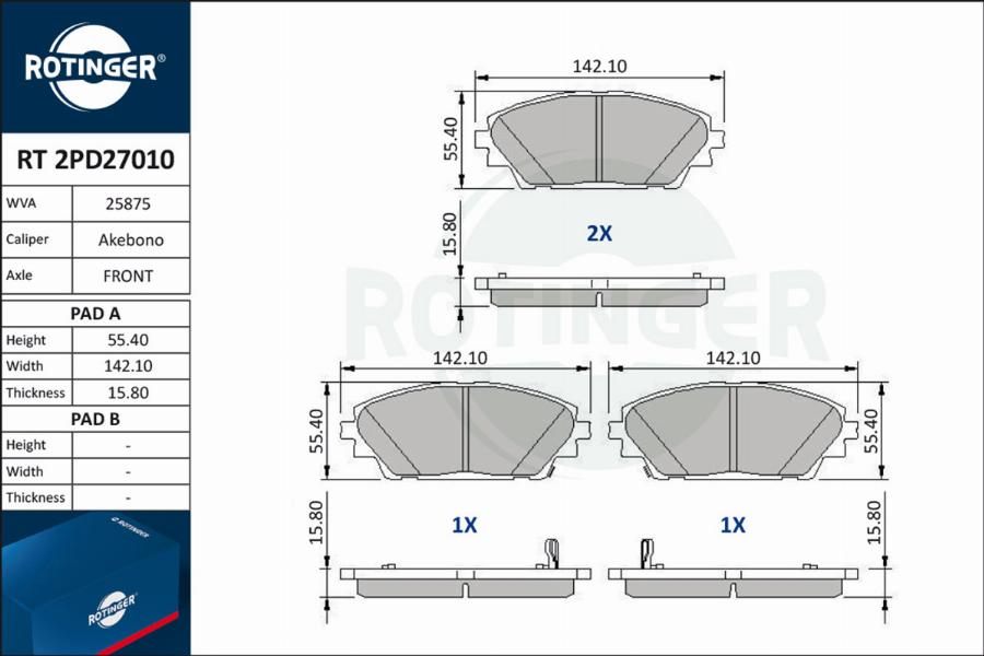 Rotinger RT 2PD27010 - Тормозные колодки, дисковые, комплект autospares.lv