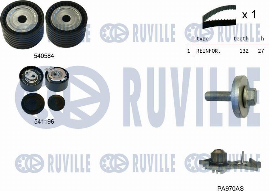 Ruville 5501091 - Водяной насос + комплект зубчатого ремня ГРМ autospares.lv